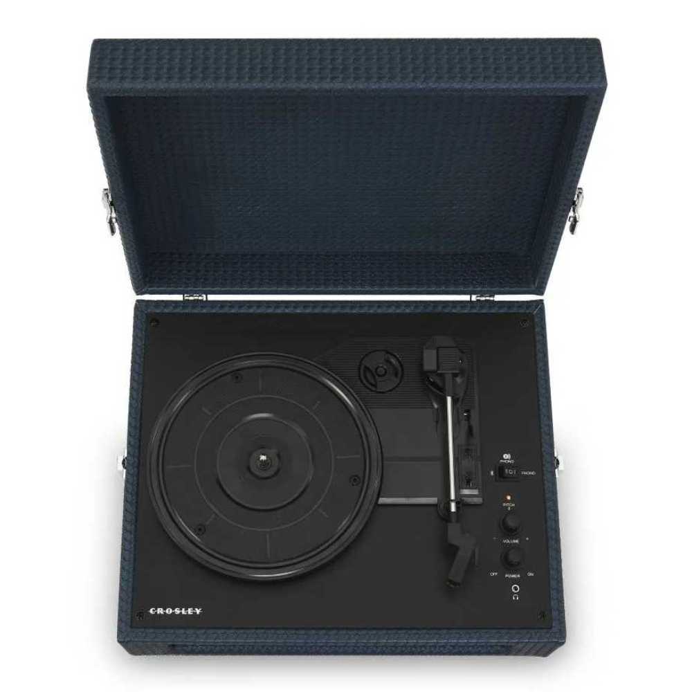 Crosley Voyager Portable Turntable with Bluetooth Out - Navy shows an overhead view of the vinyl platter, tonearm, and control knobs