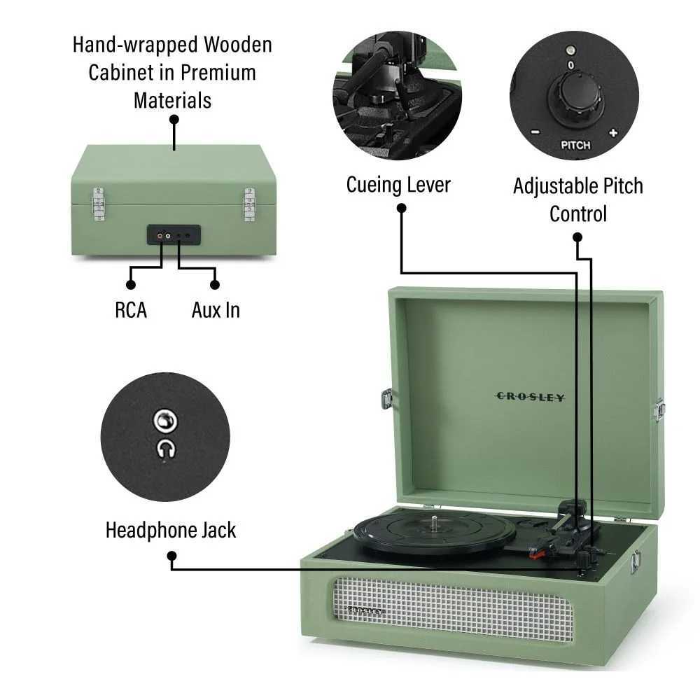 Crosley Voyager Portable Turntable with Bluetooth Out - Sage highlights its hand-wrapped wooden cabinet, RCA, aux-in, headphone jack, cueing lever, and adjustable pitch control