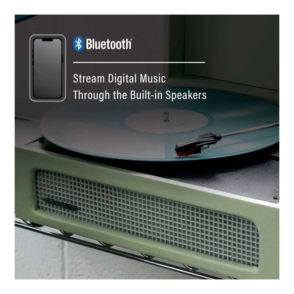 Crosley Voyager Portable Turntable with Bluetooth Out - Sage is depicted streaming digital music from a smartphone via Bluetooth through its built-in speakers