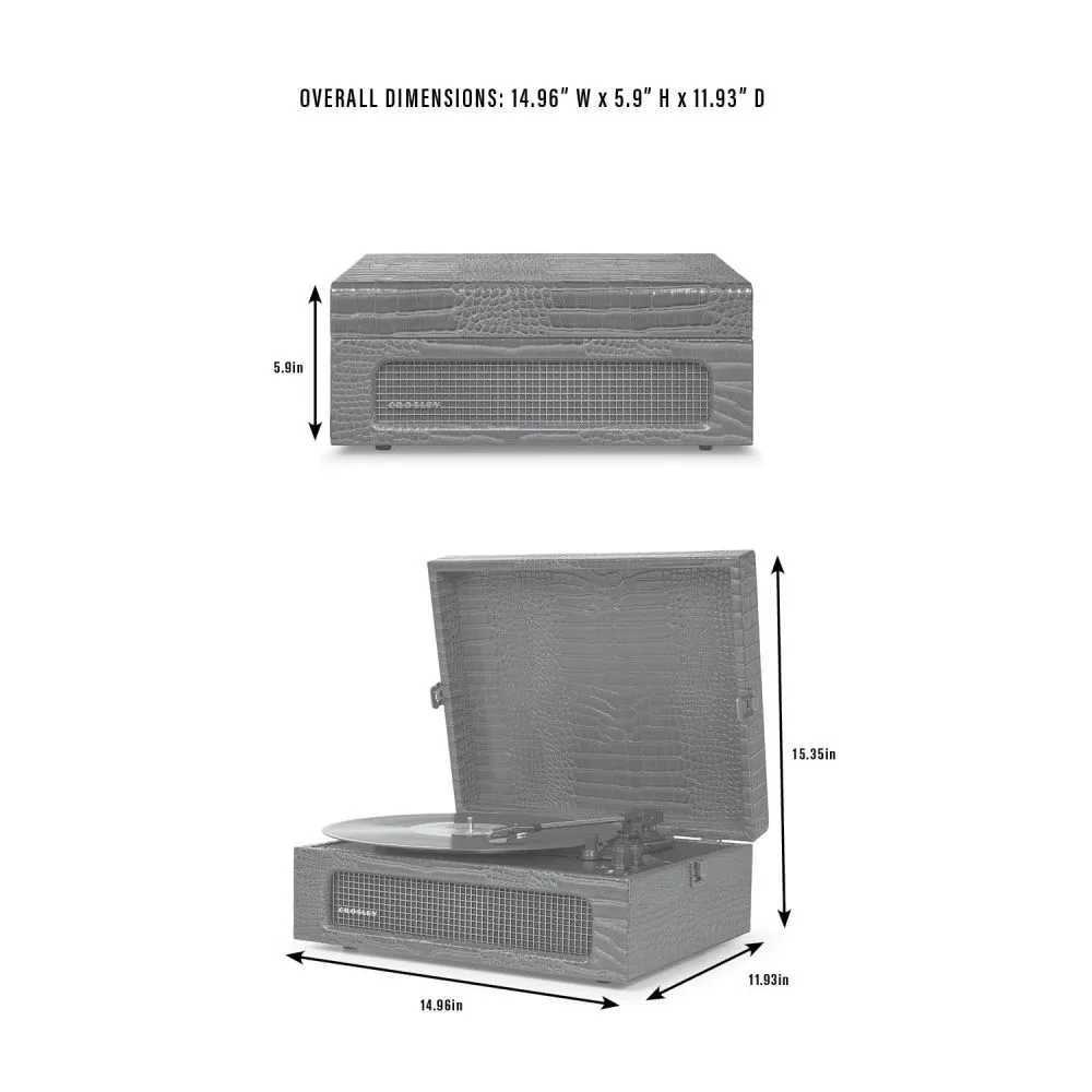 Crosley Voyager Portable Turntable with Bluetooth Out - Sage is illustrated with dimensions labeled at 14.96 W x 5.9 H x 11.93 D