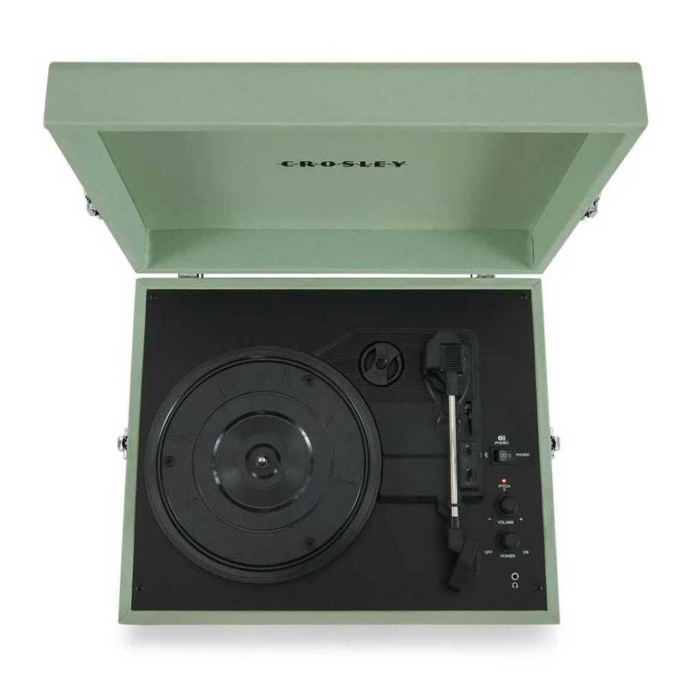 Crosley Voyager Portable Turntable with Bluetooth Out - Sage is shown from above with its open lid, revealing the platter, tonearm, and control panel