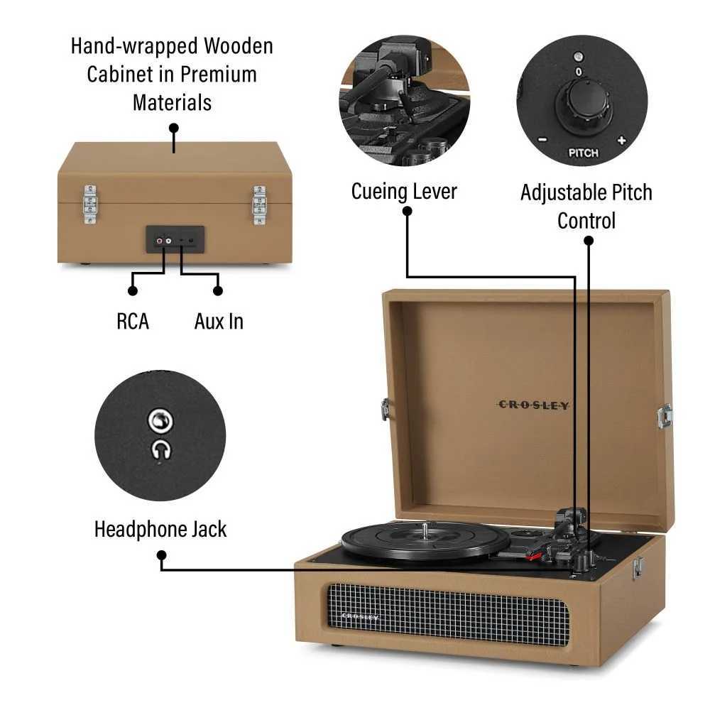 Crosley Voyager Portable Turntable with Bluetooth Out - Tan is featured with cueing lever, adjustable pitch control, RCA, Aux In, and a headphone jack