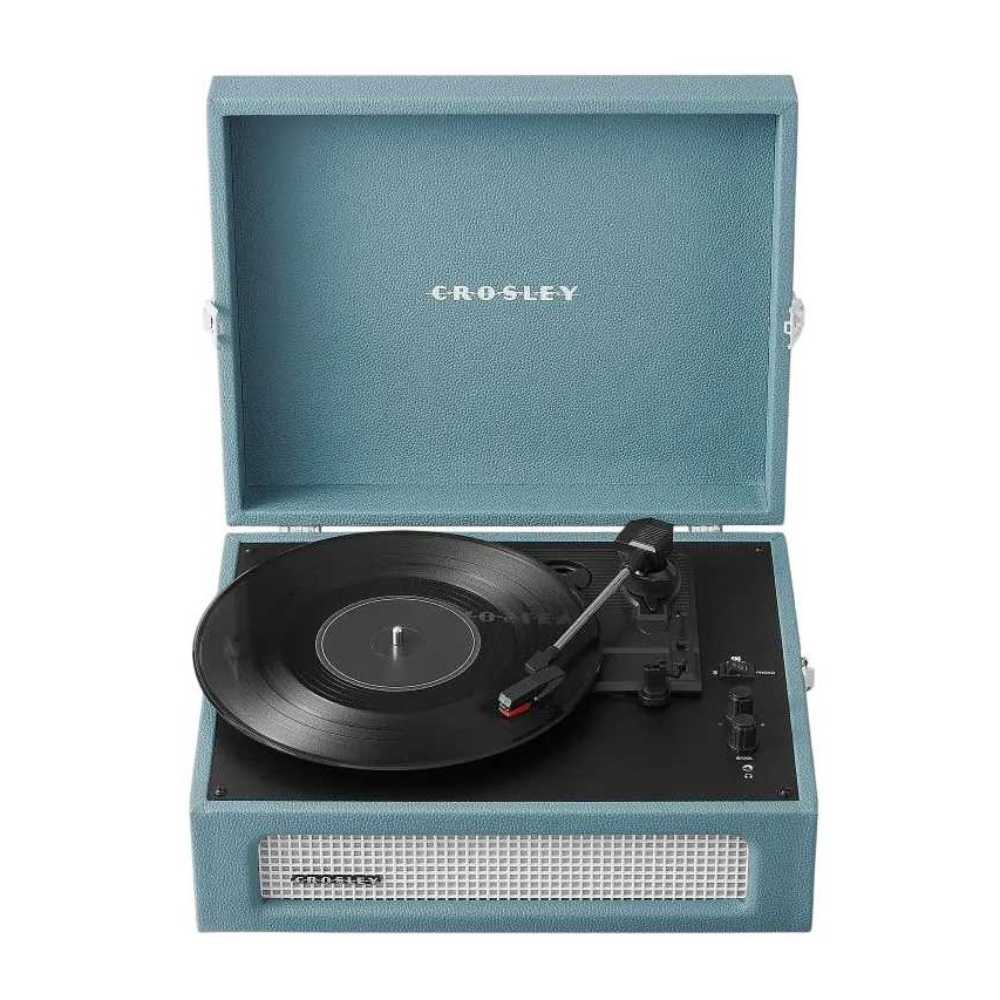 Crosley Voyager Portable Turntable with Bluetooth Out - Washed Blue is displayed open, with a minimal and clean design