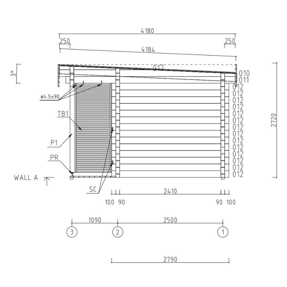 Cross-sectional side elevation of the GardenHouse24 USA Sauna Sirpa 90 Garden Room shows slanted roofing and detailed wall structure from the side