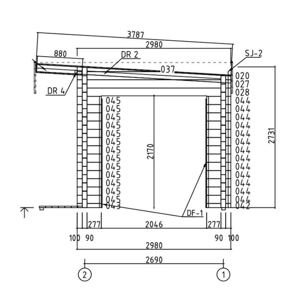 Cross-sectional technical drawing of the GardenHouse24 USA Sauna Largo 90 Garden Room showing wall thickness, door dimensions, and ceiling slope