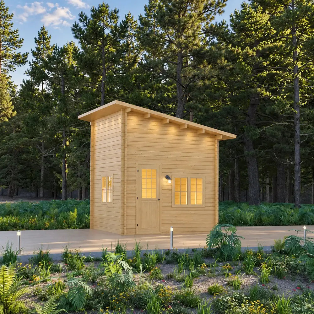 Single Cube Loft 100 garden room nestled among ferns and pine trees, featuring a glazed wooden door, paired front windows, side window, and sloping roof.