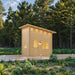 Single Cube Loft 100 garden room nestled among ferns and pine trees, featuring a glazed wooden door, paired front windows, side window, and sloping roof.