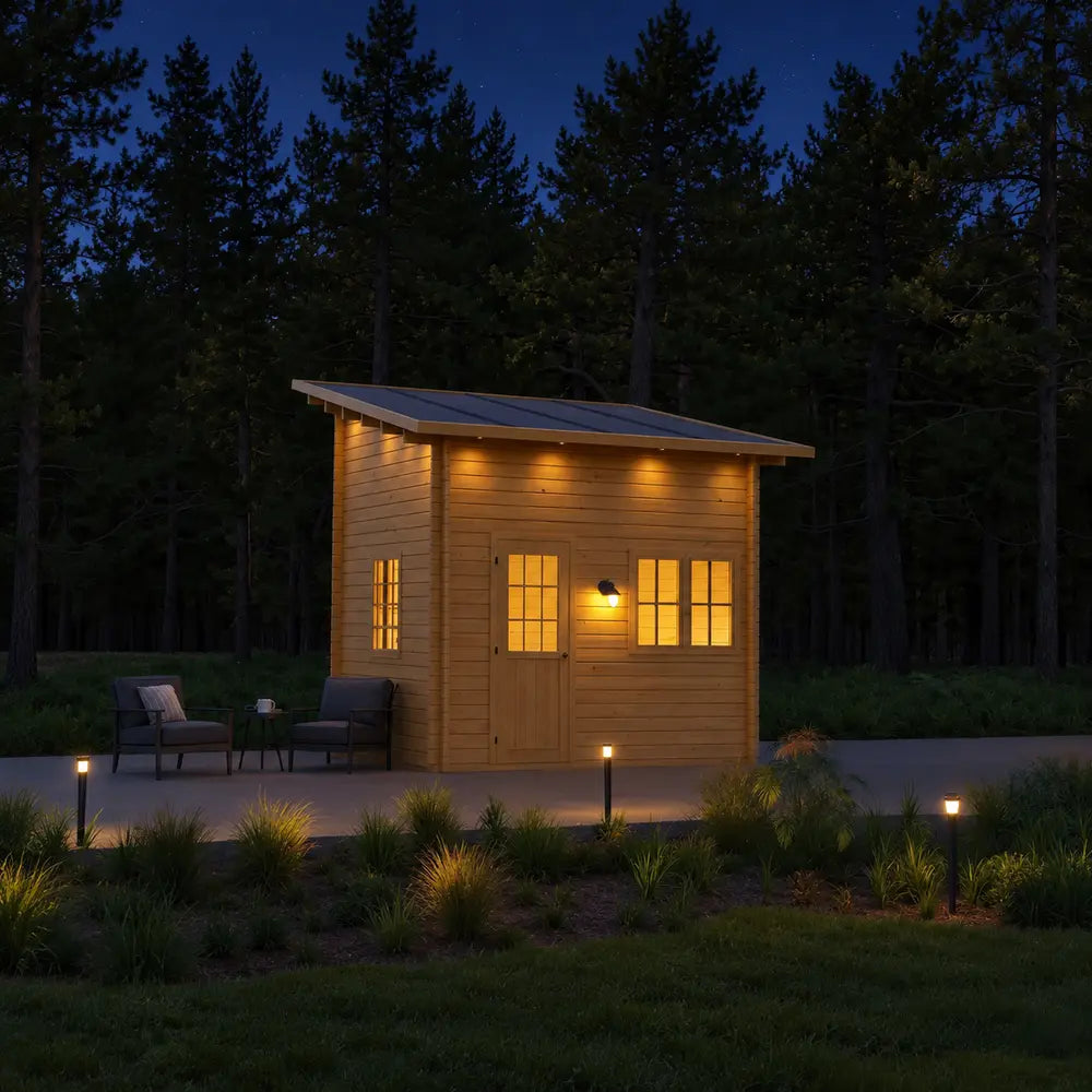 Cube Loft 100 garden room glowing warmly at night with illuminated windows, roof downlights, pathway lights, and two outdoor lounge chairs beside the forest.