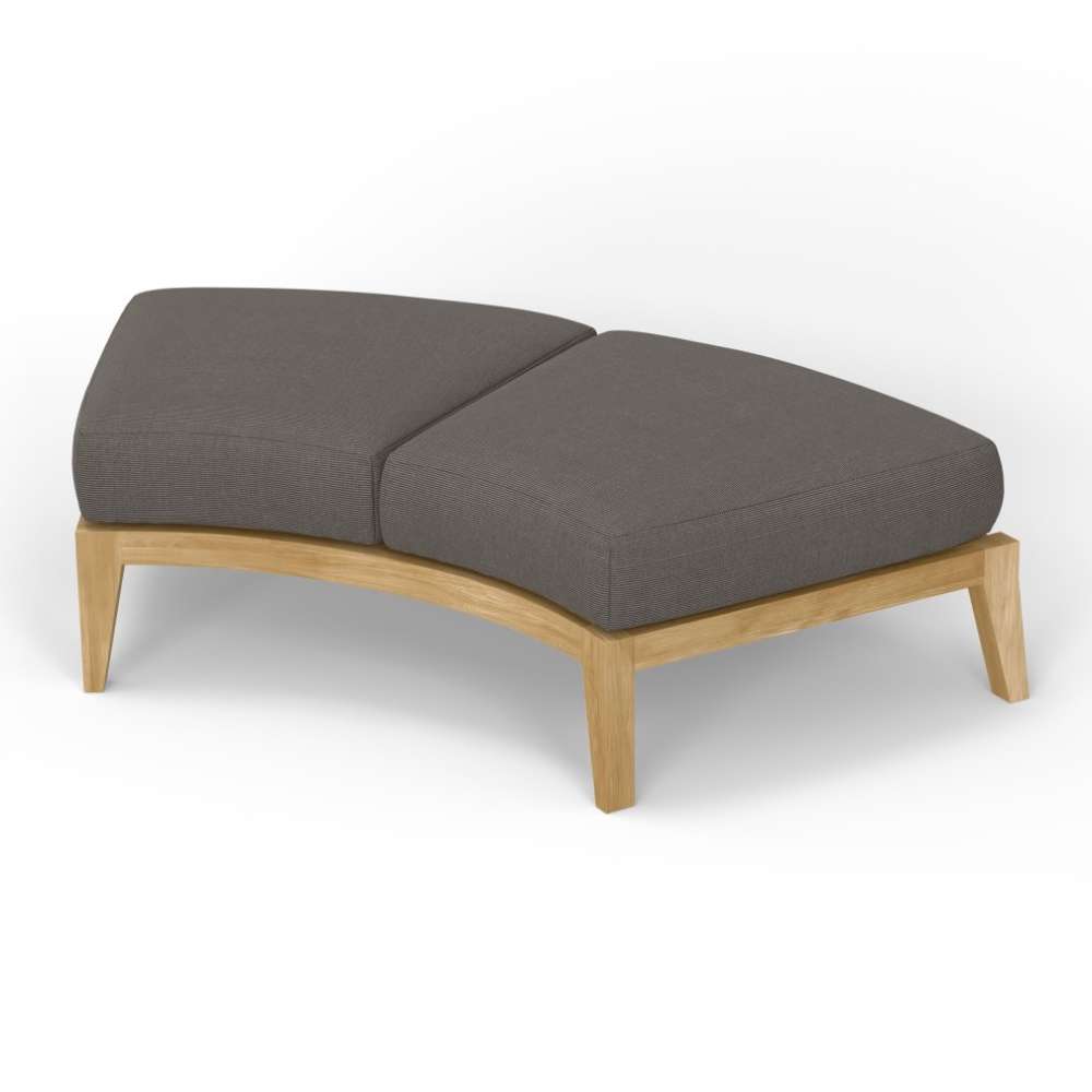 Curved teak seating with gray cushions, Westminster Teak Kafelonia Backless Sofa Sectional offers low-profile outdoor comfort