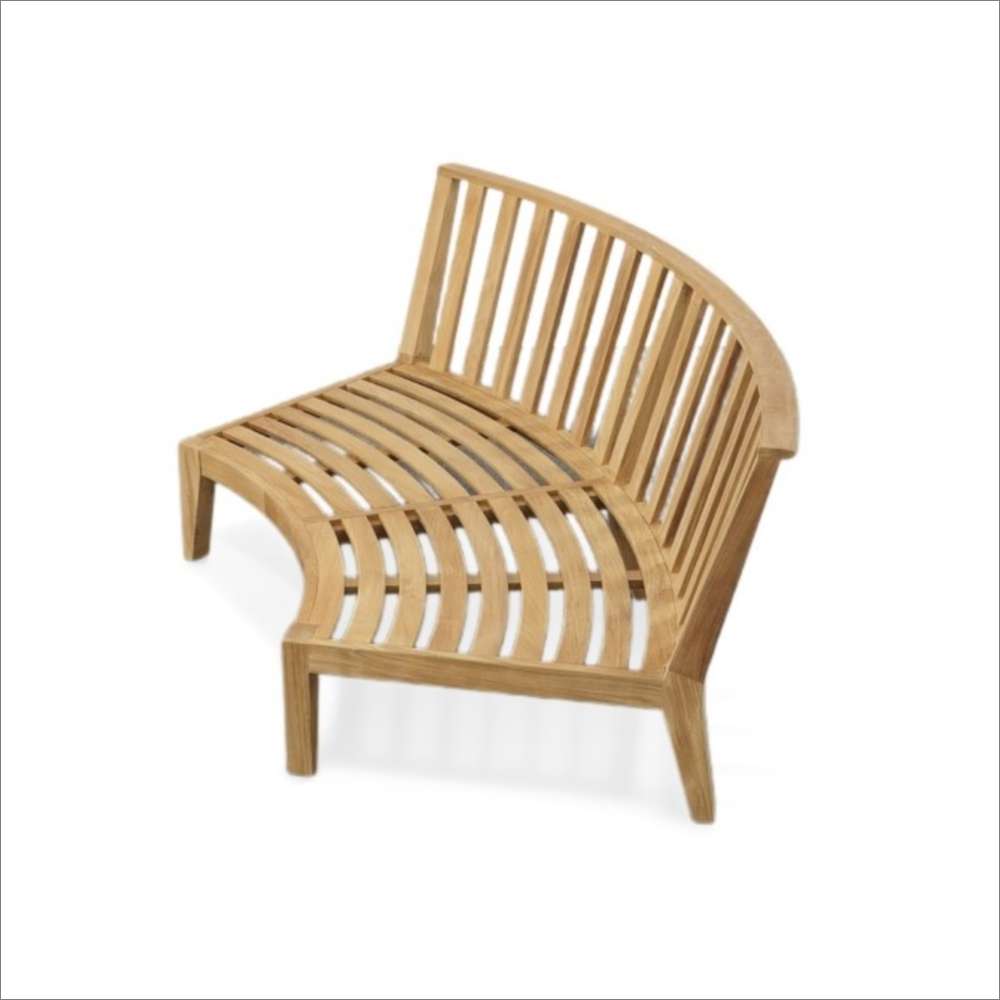 Curved teak wood frame of Westminster Teak Kafelonia Sofa Sectional is shown without cushions, highlighting its slatted seat and gently rounded backres