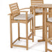Cushioned teak bar stool paired with a round high table from Westminster Teak Somerset 5pc Teak High Bar Set is displayed on a clean background