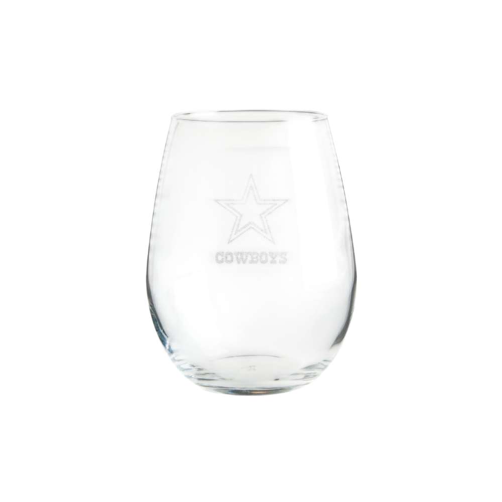 Dallas Cowboys Crate & Barrel NFL Aspen 11.75oz Stemless Wine Glass, Set of 4 featuring an etched star and Cowboys wordmark on clear glass