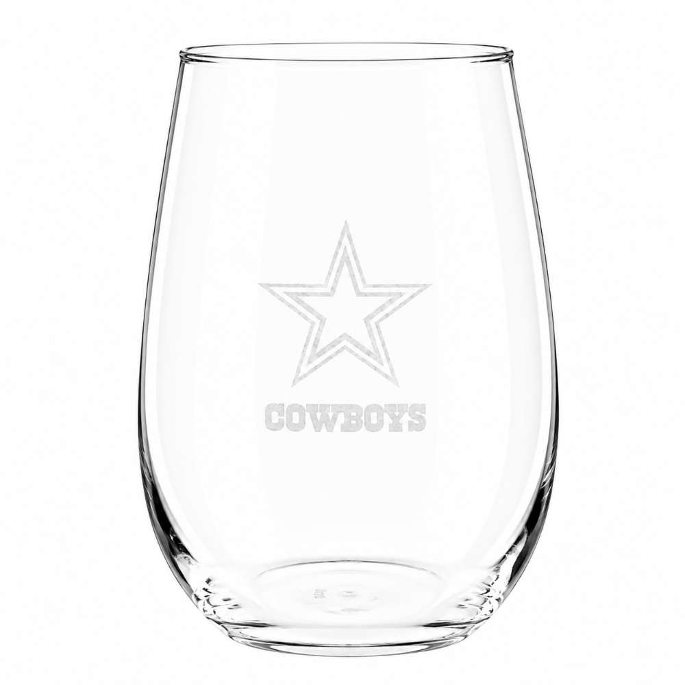 Dallas Cowboys Crate & Barrel NFL Aspen 17oz Stemless Wine Glass, Set of 4 features a clear stemless glass etched with the Cowboys star logo and team name