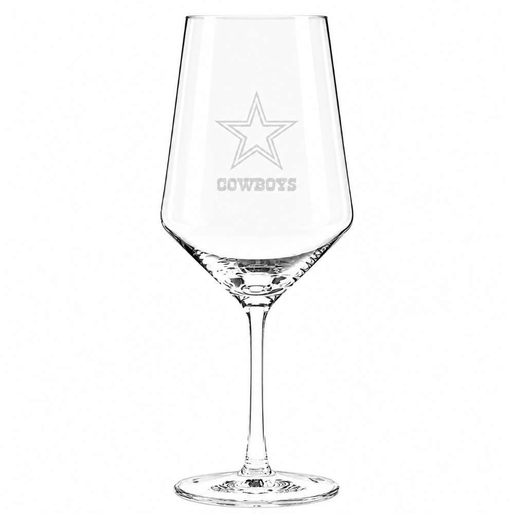 Dallas Cowboys Crate & Barrel NFL Tour 18oz Red Wine Glass, Set of 4 featuring the Cowboys star logo and wordmark etched on a clear stemmed wine glass