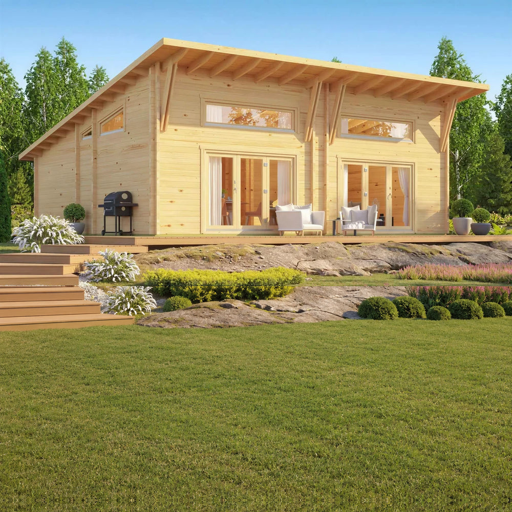 Angled front view displays the GardenHouse24 USA Darcy 70 Garden Room's wide roof overhang, natural wood exterior, and full-height windows