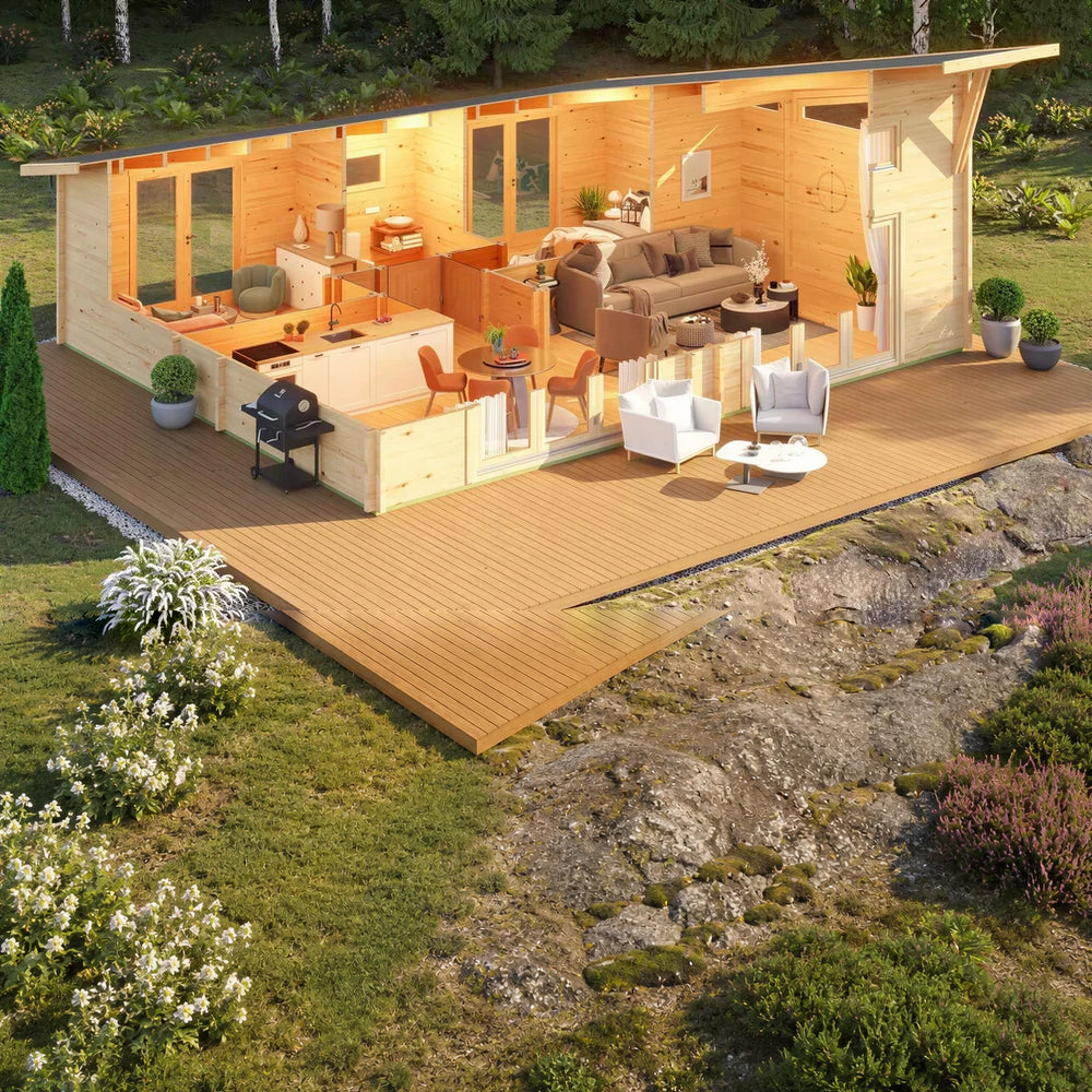 A cutaway 3D interior rendering of the GardenHouse24 USA Darcy 70 Garden Room reveals a stylish open-concept living area, kitchen, and two bedrooms
