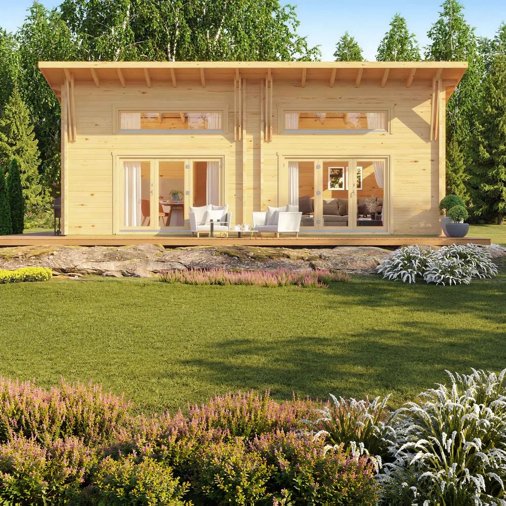 Set in a lush forest clearing, the GardenHouse24 USA Darcy 70 Garden Room features large front windows and a spacious double-door entrance