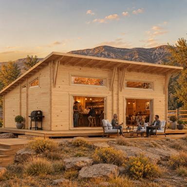 Darcy 70 transformed into an upscale golden-hour entertainment bar, with adults socializing in a landscaped Wyoming foothill ranch near Cody.
