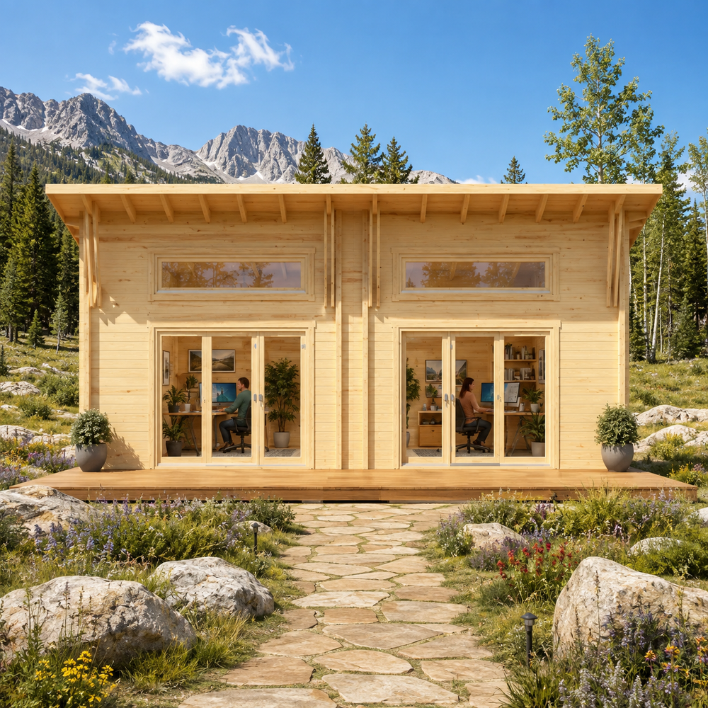 Darcy 70 Multi-Room Freedom House configured as a sunny professional home office in a wildflower meadow beneath Wyoming’s Snowy Range.