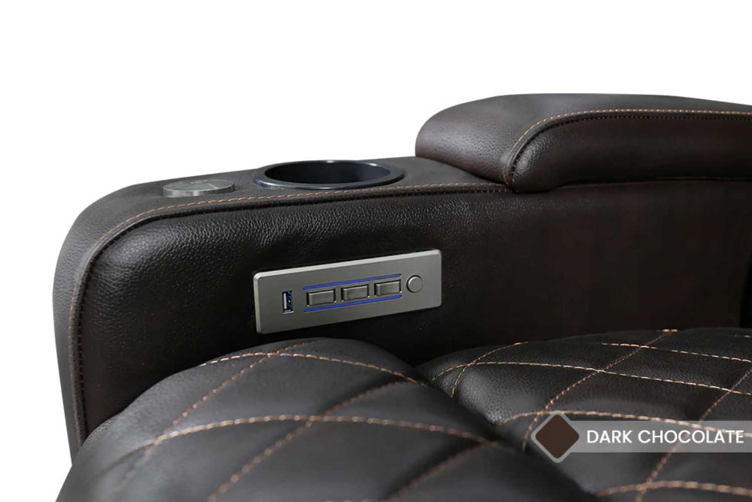 Dark Chocolate Valencia Oslo Home Theater Seating features built-in USB ports, cup holders, and easy-to-use control buttons