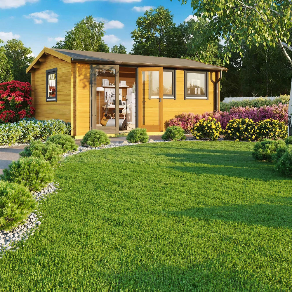 Surrounded by vibrant flowers and green shrubs, the GardenHouse24 USA Davos 44A Garden Room sits in a lush garden with a clear glass door revealing a cozy interior