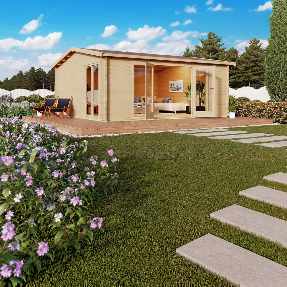 Set in a landscaped garden with flowers and a blue sky, the GardenHouse24 USA Davos 44B Garden Room features large glass doors and deck chairs outside