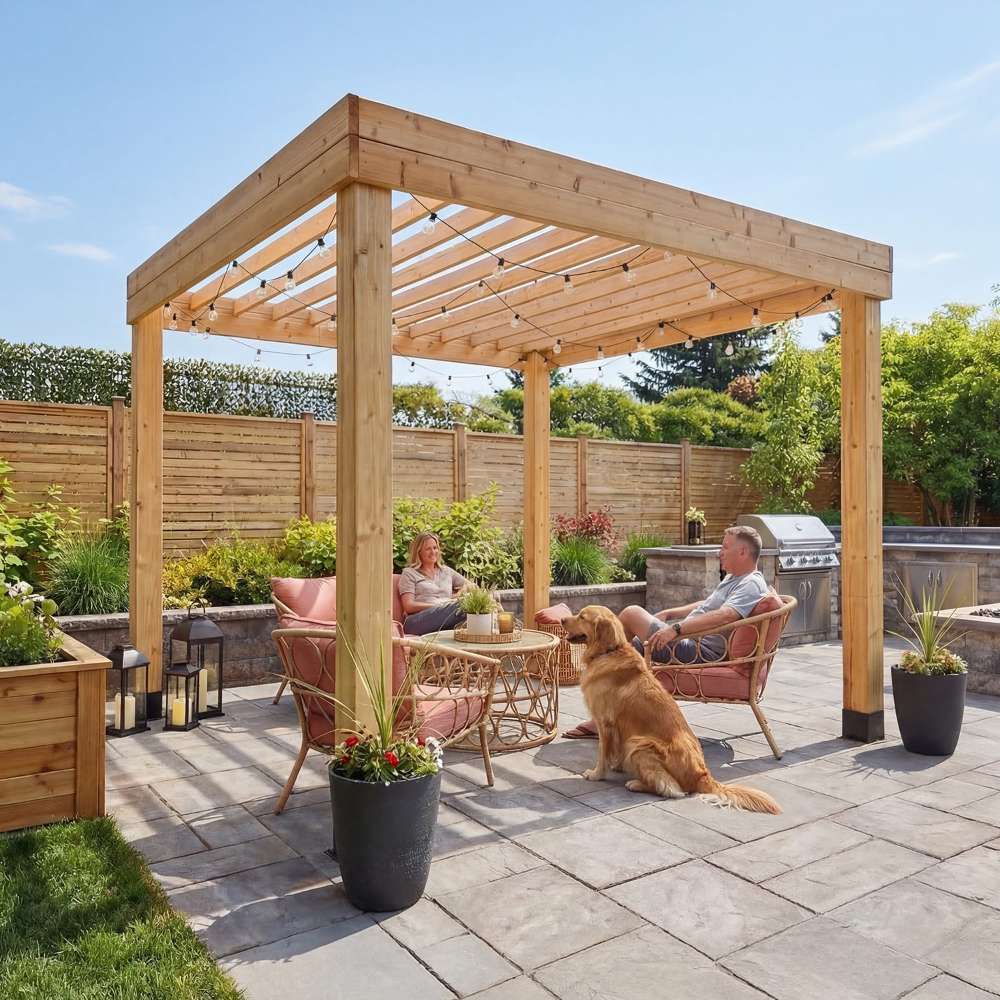 Daytime backyard scene with seating, a dog, and the Outdoor Living Today Western Red Cedar Urban Escape Pergola