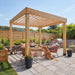 Daytime backyard scene with seating, a dog, and the Outdoor Living Today Western Red Cedar Urban Escape Pergola