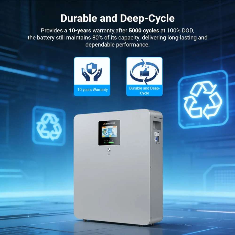Deep-cycle performance and a 10-year warranty are highlighted for Sun Gold Power CoreX 5 Elite Wall-Mounted 48V 100Ah Residential Energy Storage Battery Pack