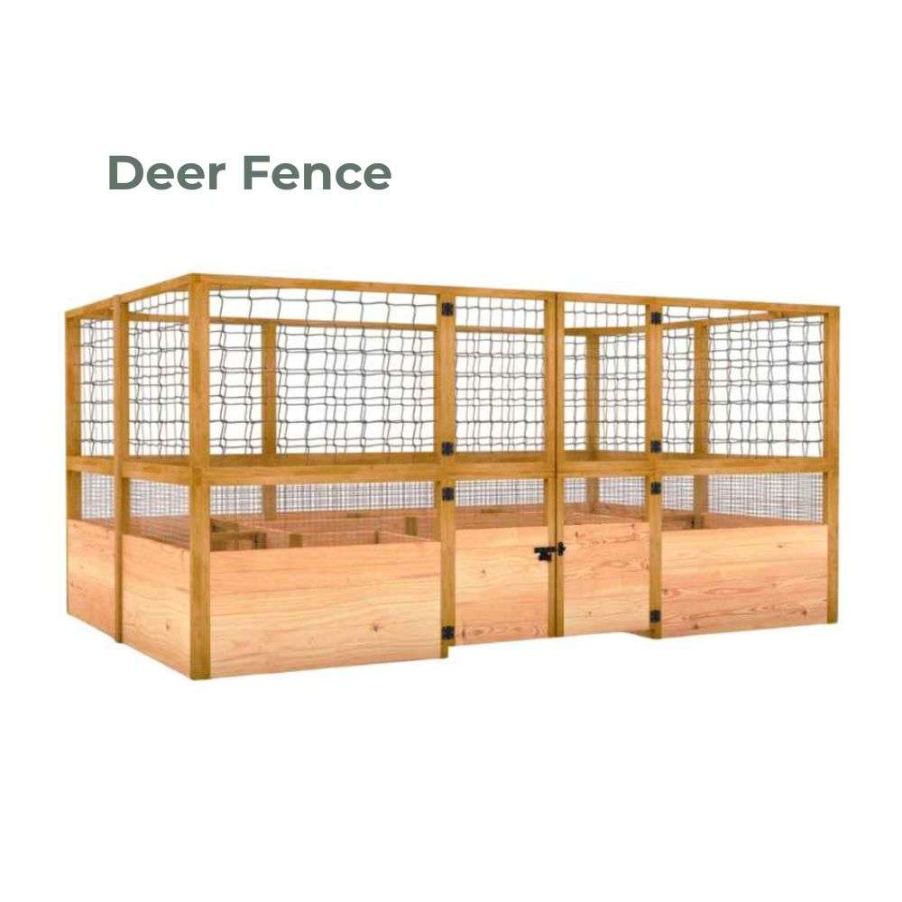 Deer Fence Outdoor Living Today 12x8 Raised Garden Bed surrounded by a tall wooden wire fence with double doors to protect plants from deer and animals