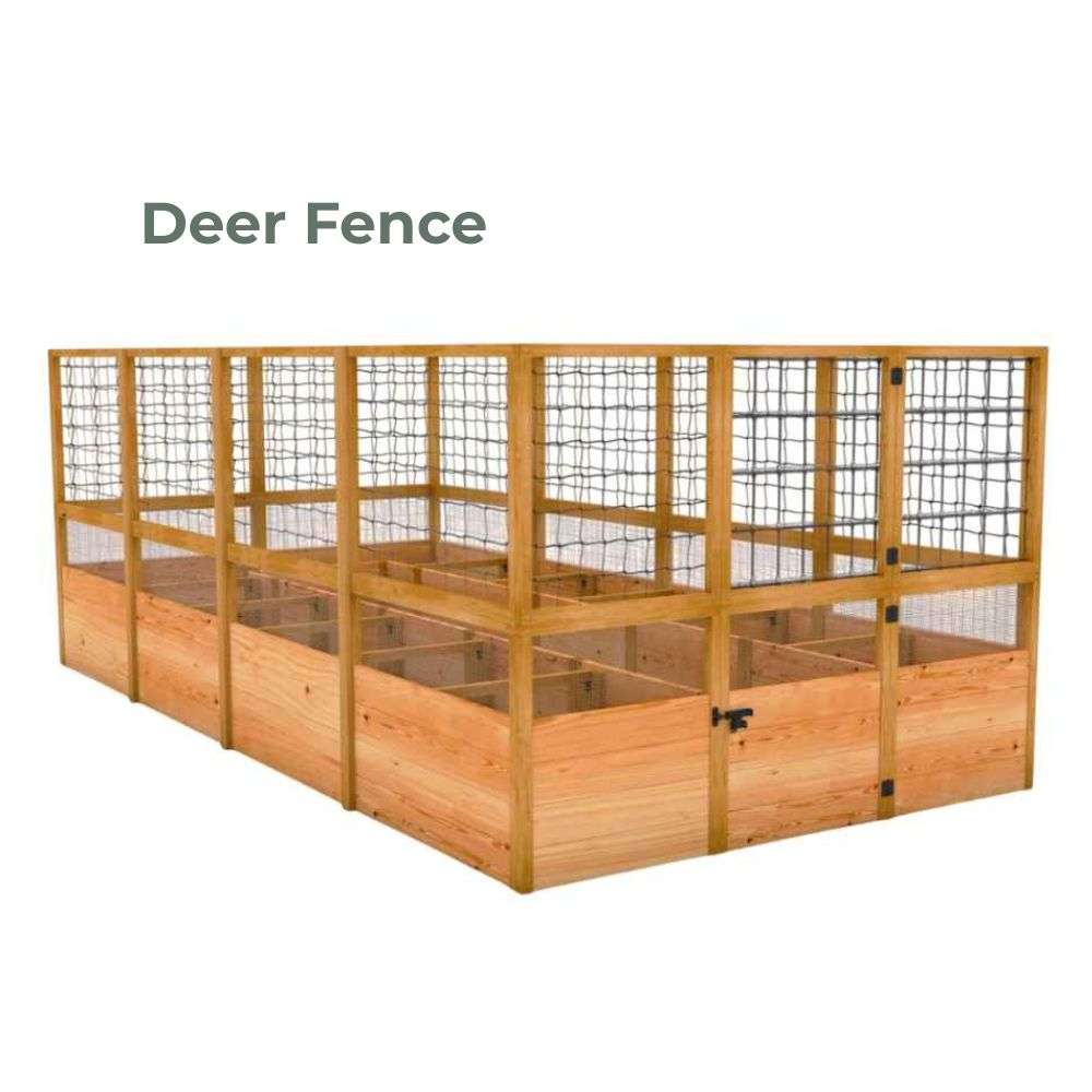 Deer Fence Outdoor Living Today 8x16 Raised Garden Bed surrounded by a tall wooden wire fence with a front gate to keep deer and animals out