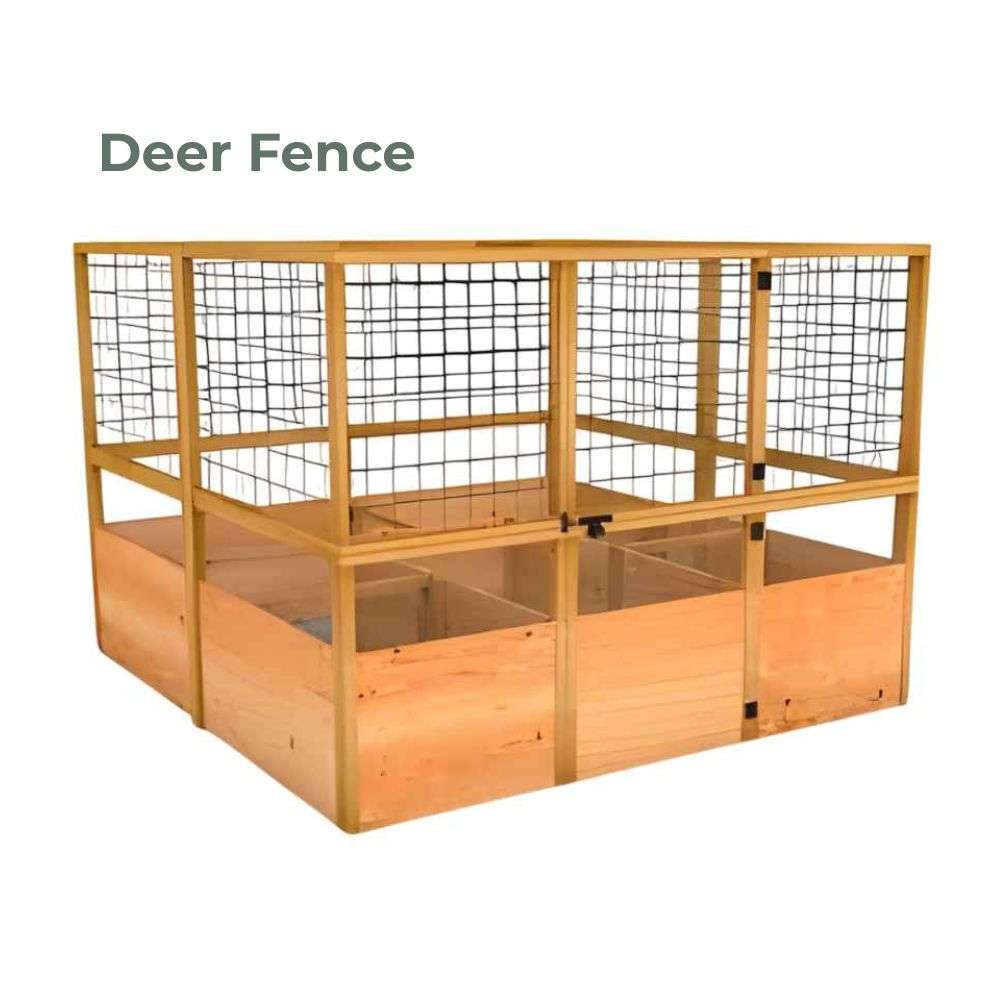 Deer Fence Outdoor Living Today 8x8 Raised Garden Bed surrounded by a sturdy wire deer fence with a front door for easy access