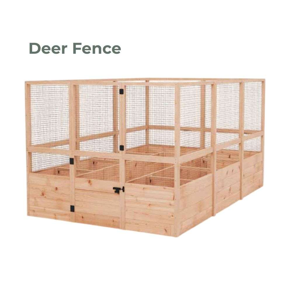 Deer Fence Outdoor Living Today 8x8 Raised Garden Bed with a tall wooden mesh fence and gate designed to keep deer and animals away