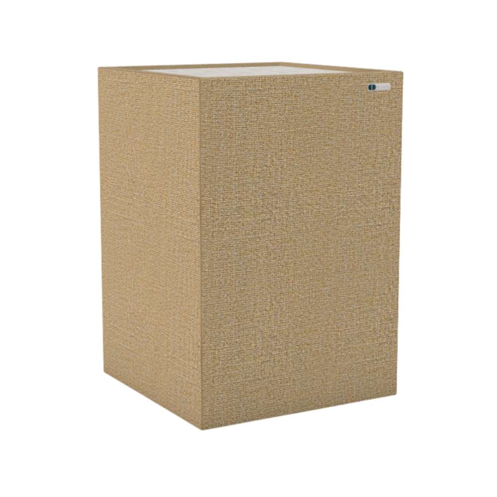 Demi Austen GIK Acoustics Soffit Corner Bass Trap in a tan fabric finish with a compact cube design for bass absorption and acoustic control