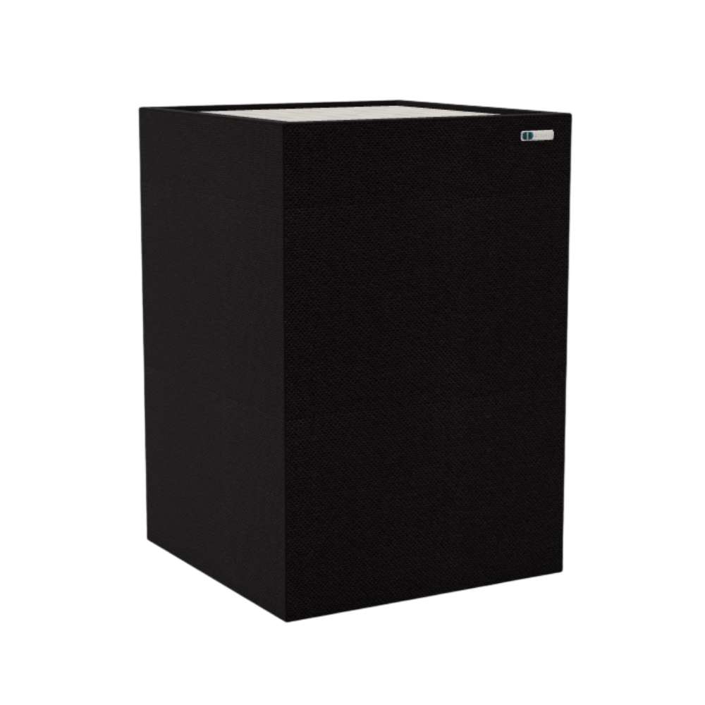 Demi Black GIK Acoustics Soffit Corner Bass Trap in a black fabric finish designed to reduce low-frequency sound buildup in room corners