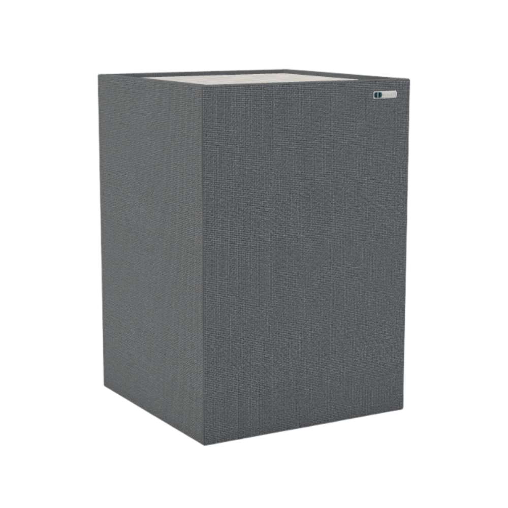 Demi Chaucer GIK Acoustics Soffit Corner Bass Trap in a gray fabric finish for improved bass management and room acoustics