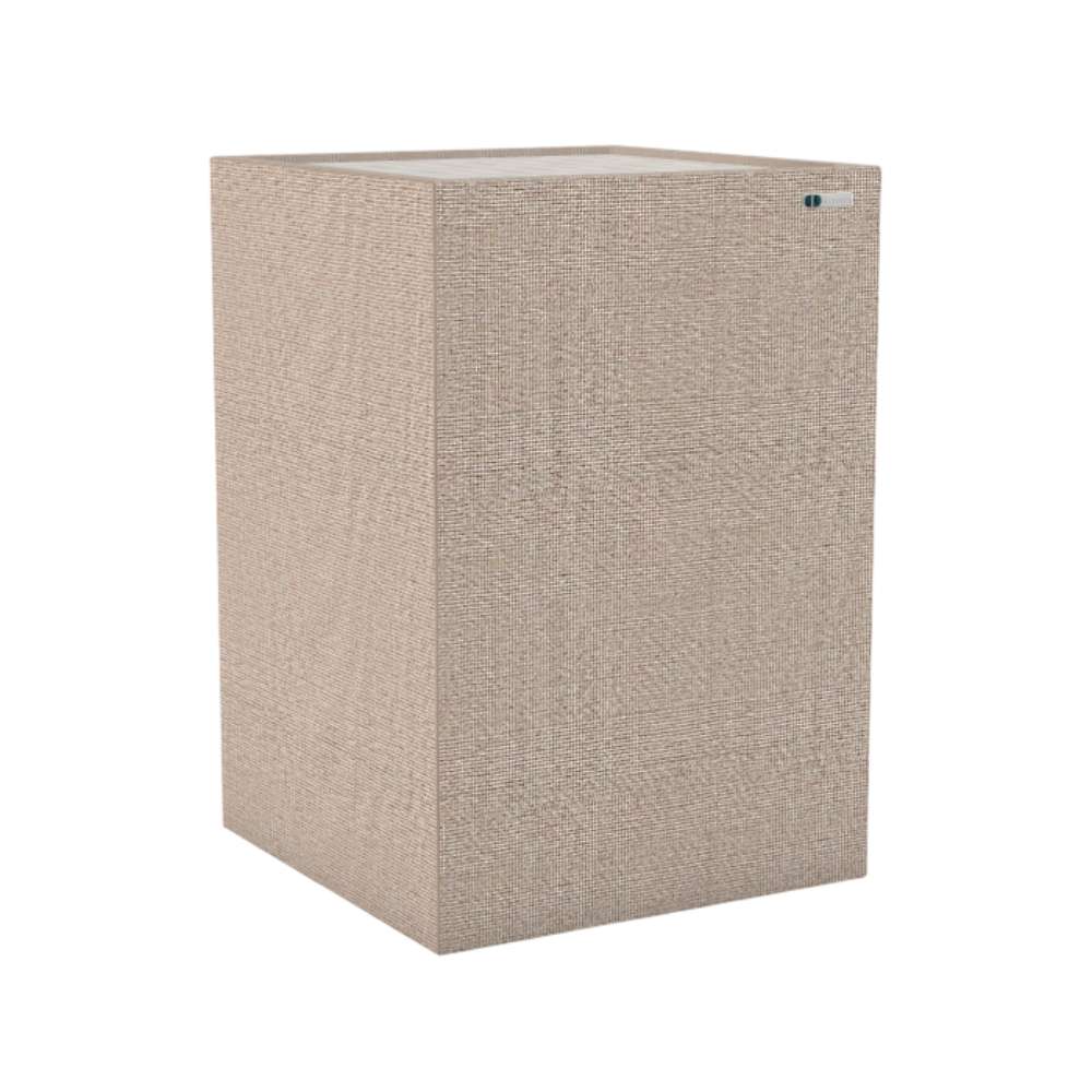Demi Clan GIK Acoustics Soffit Corner Bass Trap in a light beige fabric finish with a compact acoustic treatment design