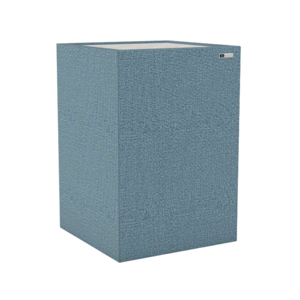 Demi Dolphin GIK Acoustics Soffit Corner Bass Trap in a soft blue fabric finish for effective corner bass absorption