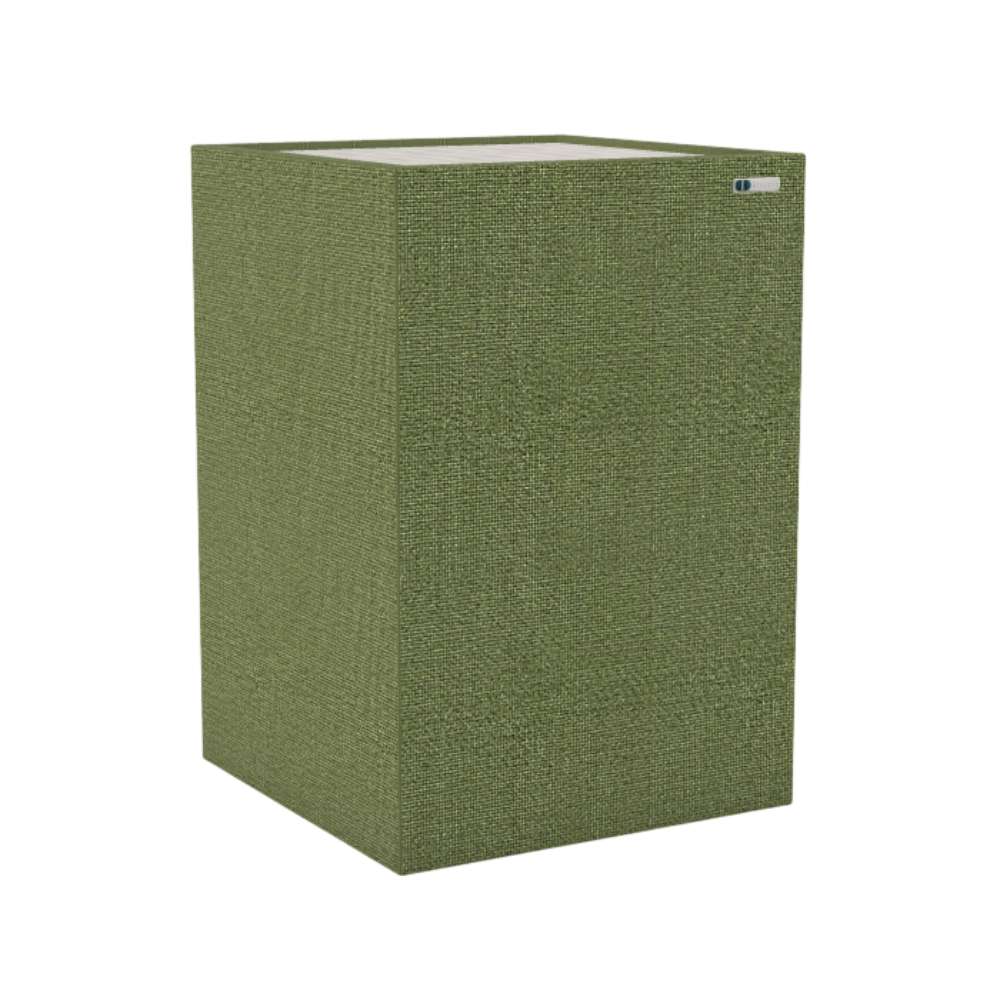 Demi Fair Isle GIK Acoustics Soffit Corner Bass Trap in an olive green fabric finish designed to improve low-frequency sound control