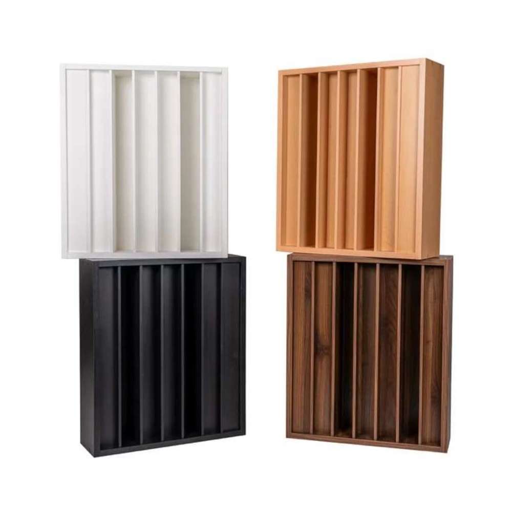 Demi GIK Acoustics Q7D Quadratic Residue Diffuser acoustic panels in white, black, natural wood, and walnut finishes for sound diffusion and room acoustics