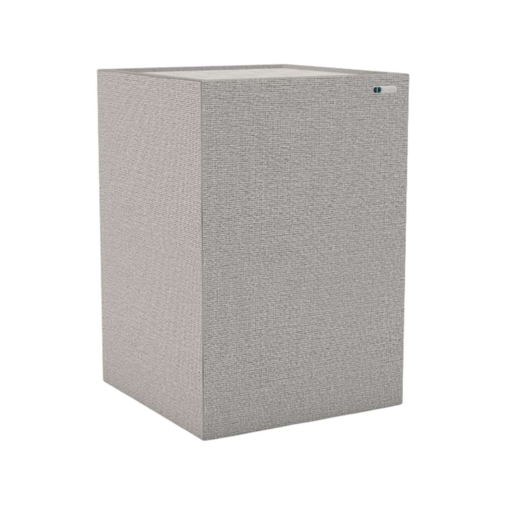Demi Glass GIK Acoustics Soffit Corner Bass Trap in a light gray fabric finish for cleaner room acoustics and bass reduction