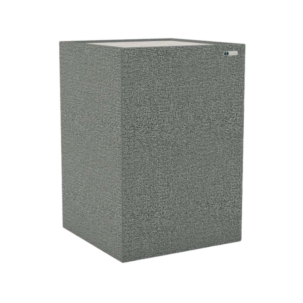 Demi Lead GIK Acoustics Soffit Corner Bass Trap in a textured gray-green fabric finish for controlling bass resonance in corners