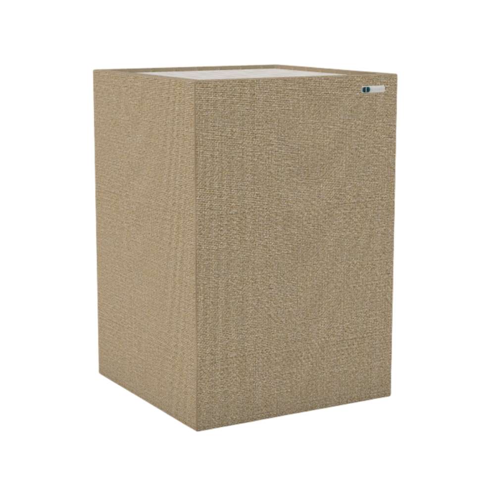 Demi Lomond GIK Acoustics Soffit Corner Bass Trap in a warm beige fabric finish for reducing bass reflections and improving sound clarity