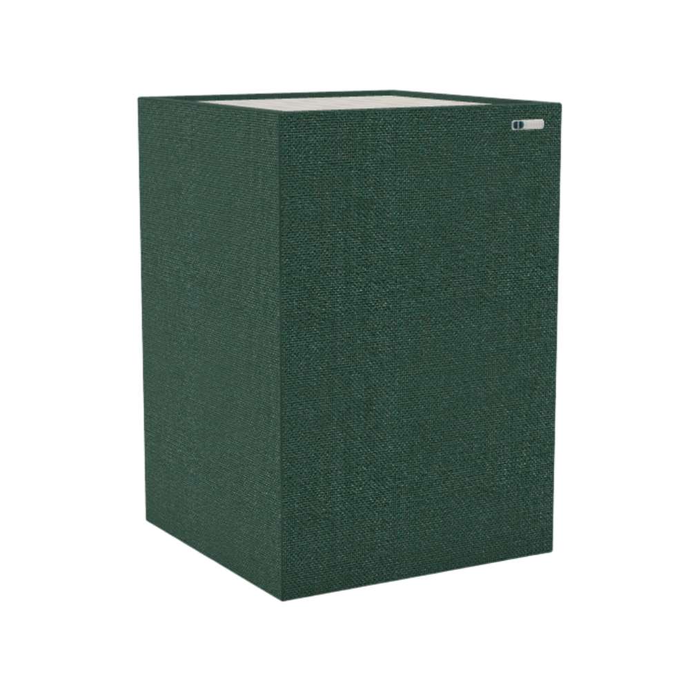 Demi Lora GIK Acoustics Soffit Corner Bass Trap in a deep green fabric finish designed to absorb bass frequencies and improve room acoustics