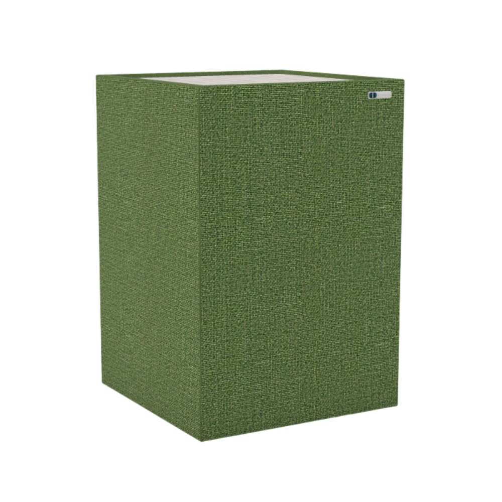 Demi Staffa GIK Acoustics Soffit Corner Bass Trap in a medium green fabric finish with a compact design for managing bass resonance