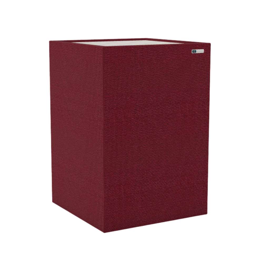 Demi Tummel GIK Acoustics Soffit Corner Bass Trap in a rich burgundy fabric finish that combines acoustic performance with a bold appearance