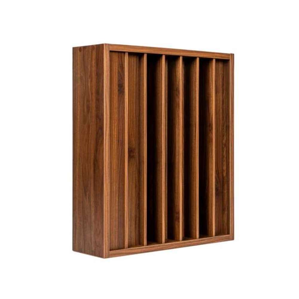 Demi Walnut GIK Acoustics Q7D Quadratic Residue Diffuser in walnut finish with vertical channels for acoustic treatment