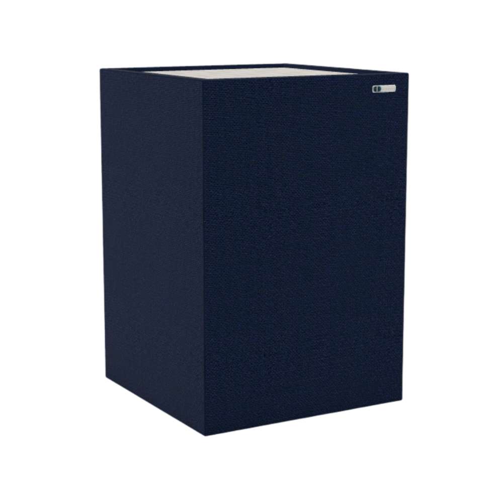 Demi Walten GIK Acoustics Soffit Corner Bass Trap in a dark navy blue fabric finish for controlling bass reflections in listening spaces