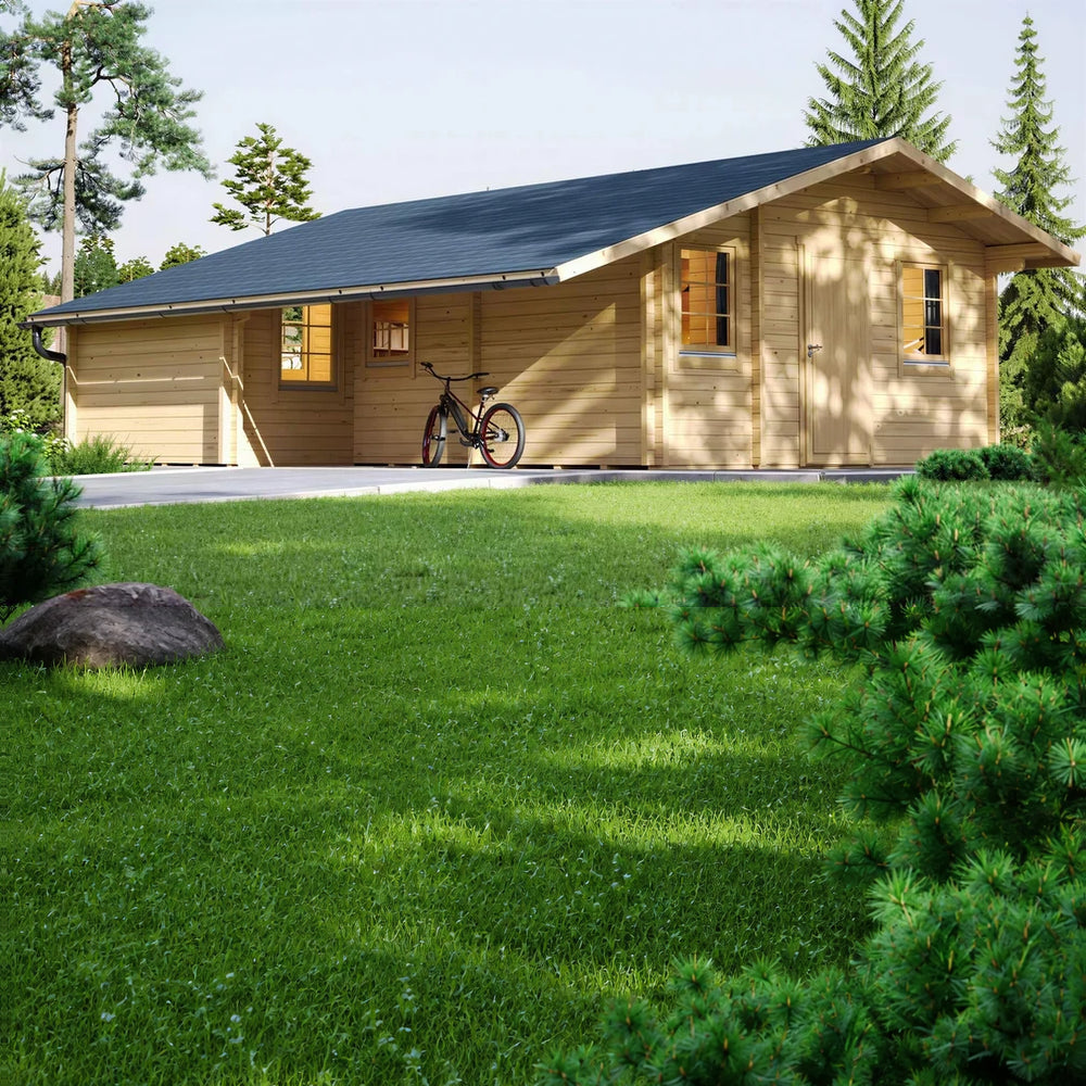 Wide-angle side view of a GardenHouse24 USA Den 70 Garden Room with a black roof, showing a bike and windows along the side