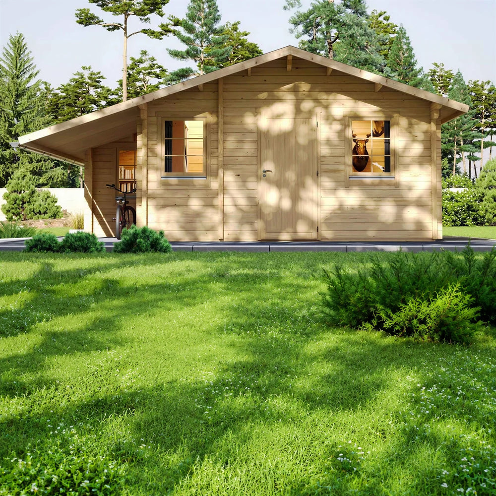 Front view of GardenHouse24 USA Den 70 Garden Room with trees in the background and a bike leaning on the wall